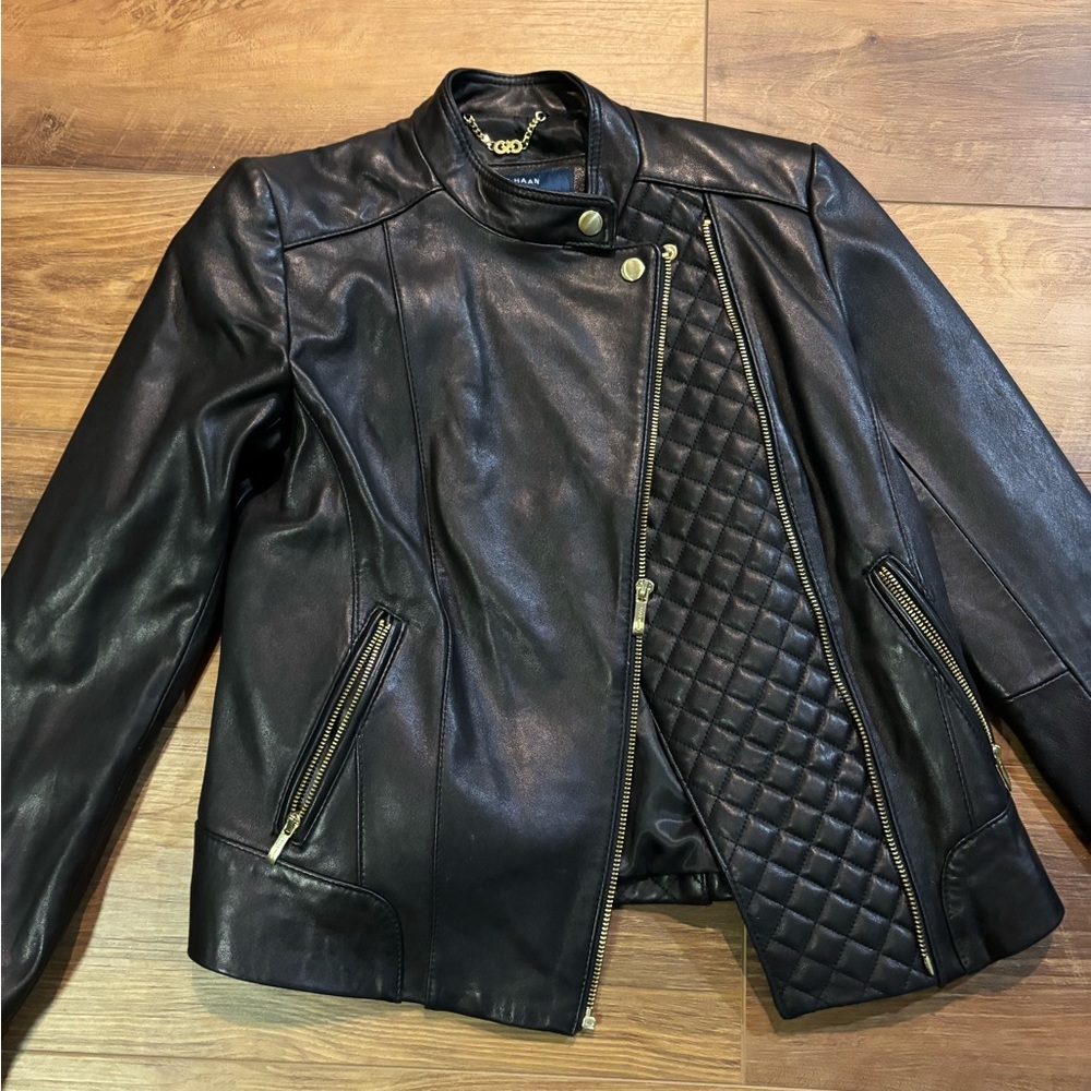 Cole haan leather moto style coat.